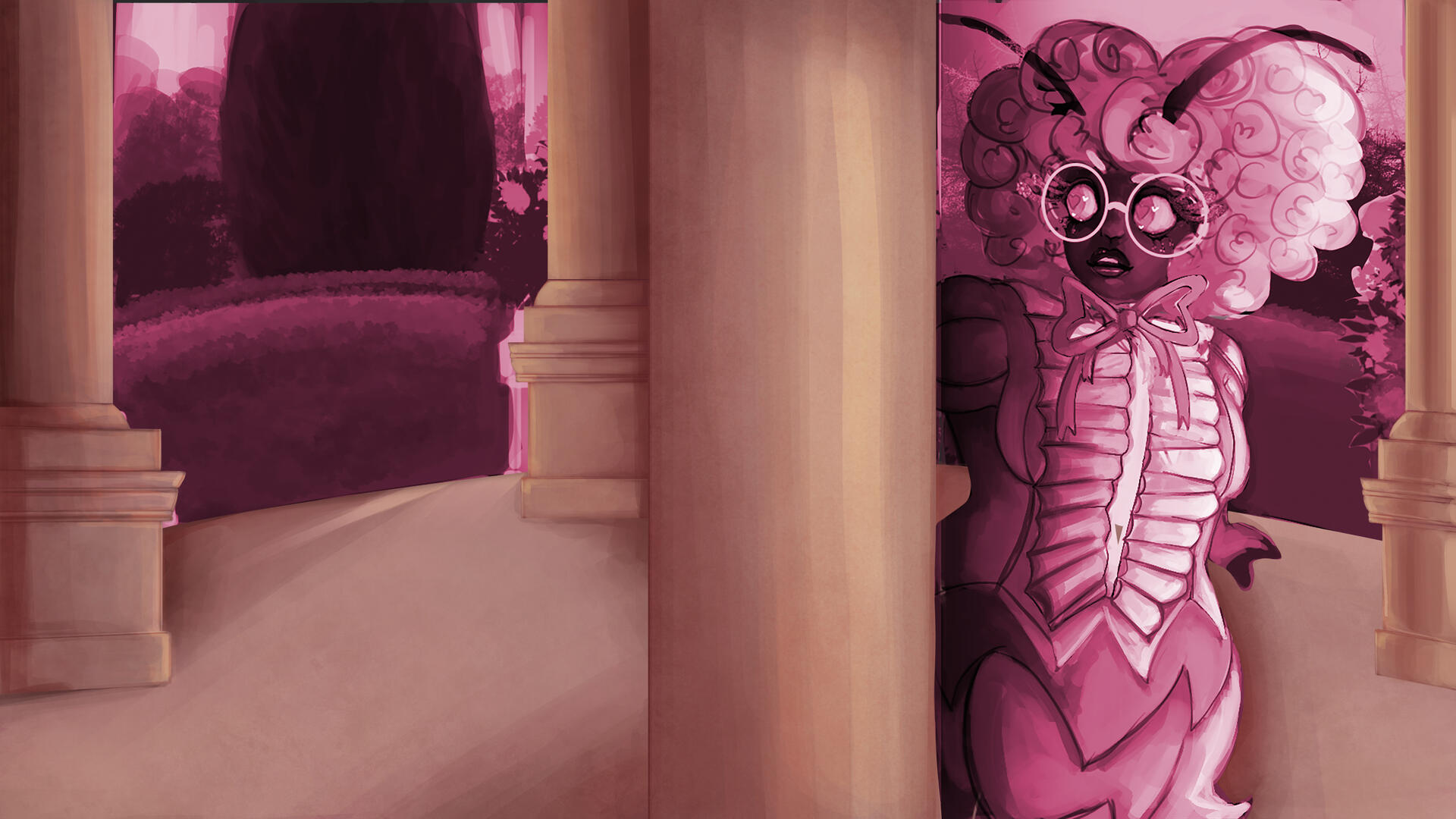 Beginning to paint in the background. The pink of the under-layer made the hue of the pillar look really nice.