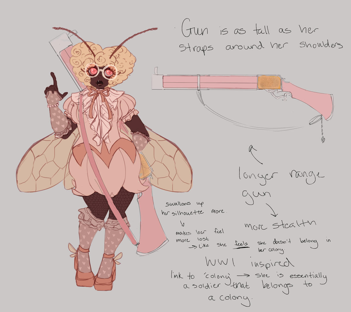 chosen weapon and notes, as well as the colour palette. i wanted it to match her palette. i think this idea that it&#39;s their version of a cupid&#39;s arrow that are given to the &#39;drones&#39;, and it also matches her exact colour palette kind of adds to the fact tha
