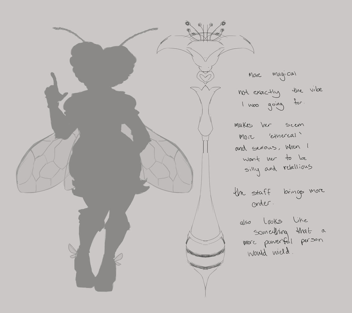 Staff ideation and notes. I thought a staff would be cool, since it could relate her to being some sort of magical girl - but the idea didn't entirely fit.