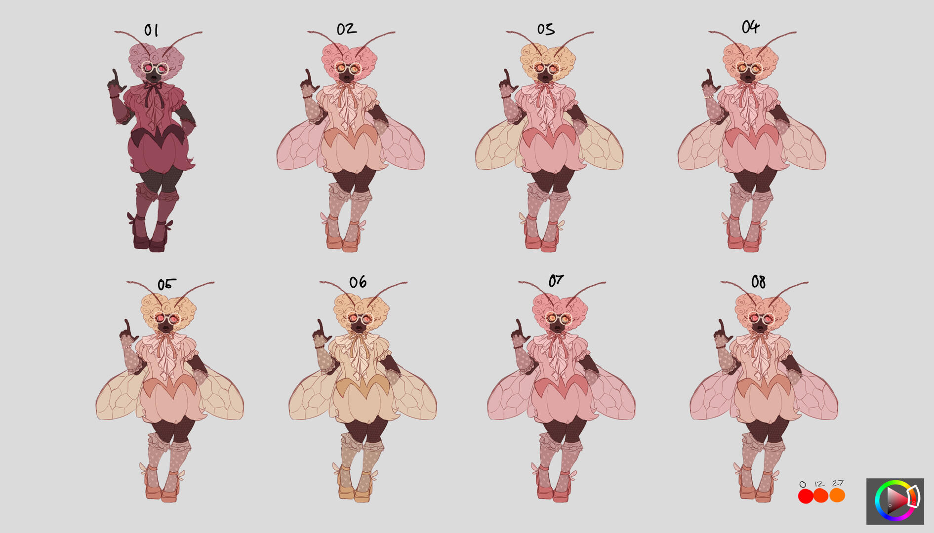 Exploring the colour palette. I ended up abandoning the value set that I had chosen, since the first design was based off of it and gave an entirely different vibe. I also didn't really understand chroma at this point.