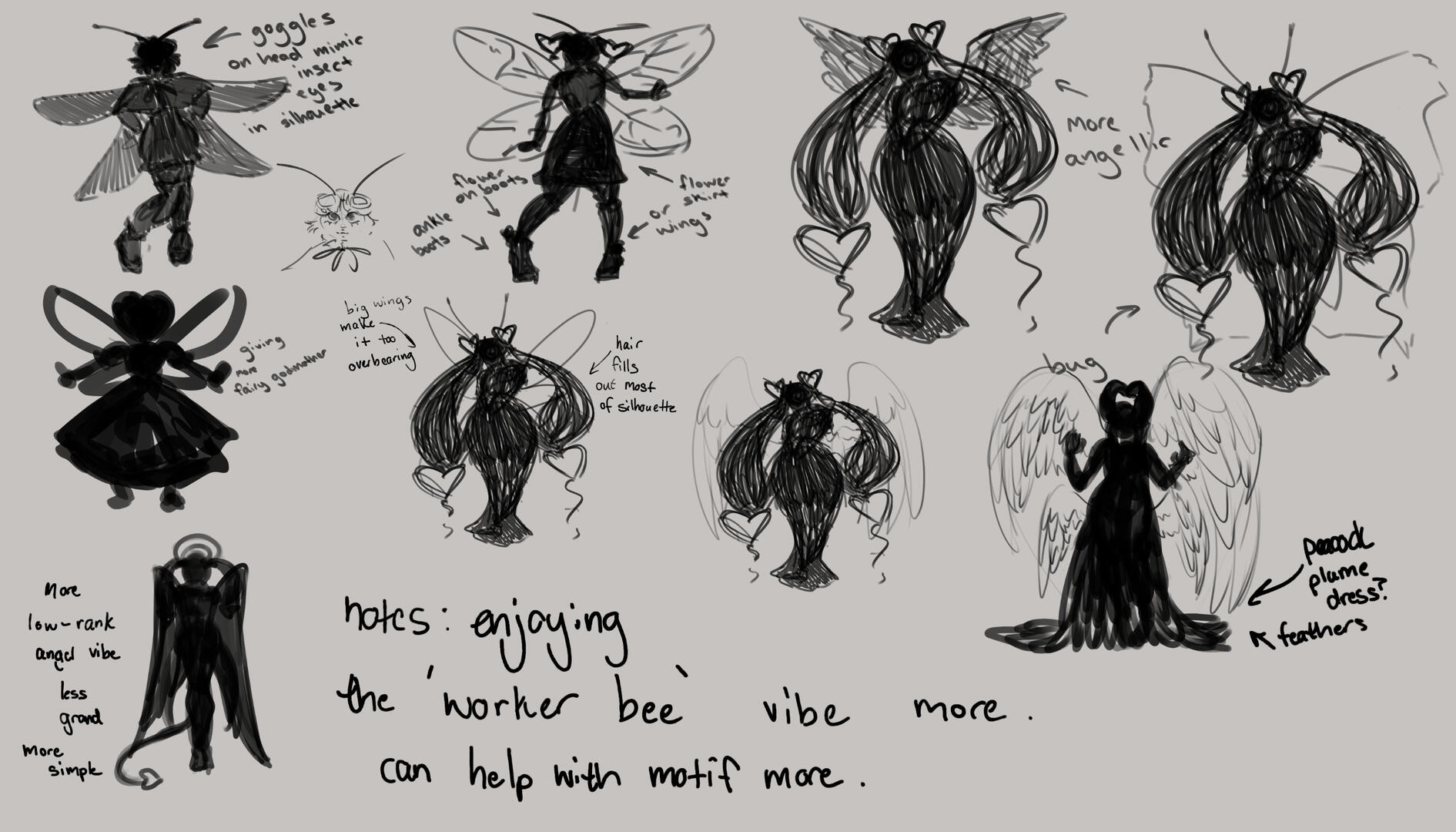 My first silhouette ideas. At first, I played with the idea that she could be an angel. However, I found that the idea of her being a bee instead was a lot more interesting and unique.